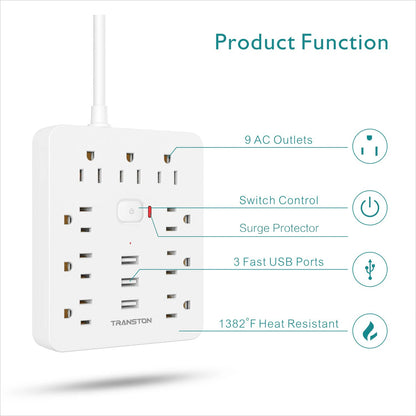 Power Outlet with Surge Protector, 9 sockets 3 USB Ports,5ft Extension Cord, Quick Charge, For Home and Office ,White