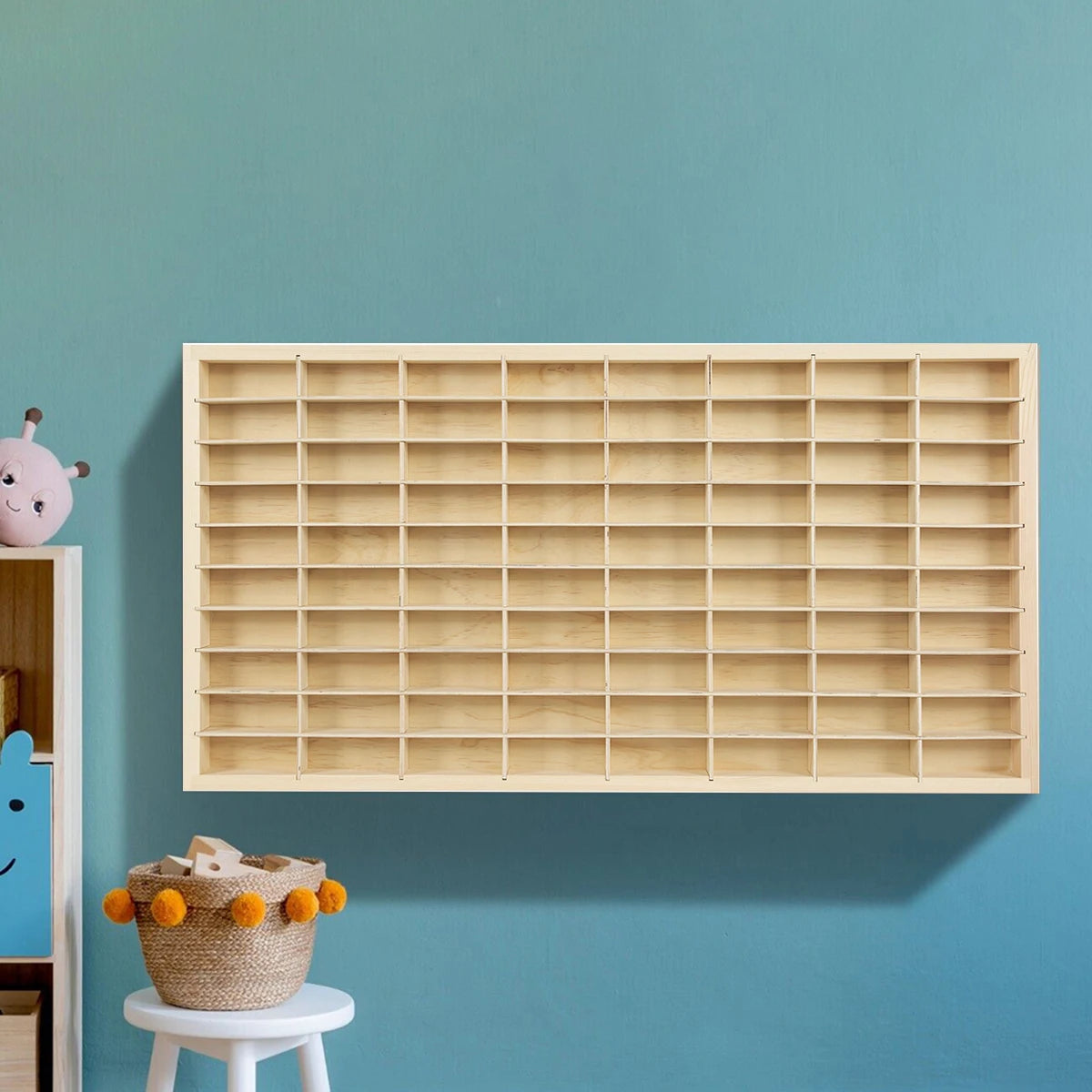 Wood display shelf with 80‑grid diecast storage.