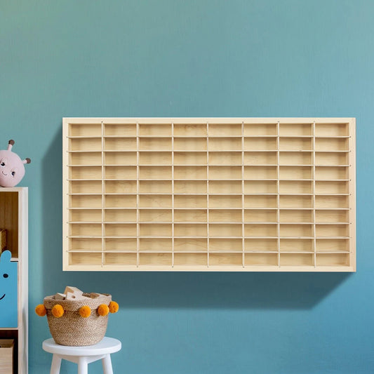 Wood display shelf with 80‑grid diecast storage.