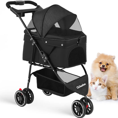 Foldable Three‑Wheel Pet Stroller With Breathable Canopy.