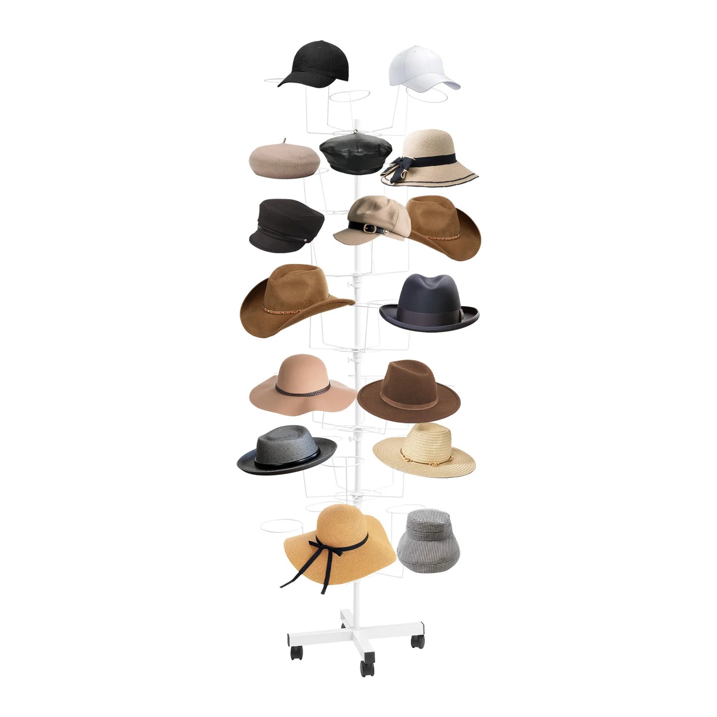 7-Tier Hats Display Rack 35 Hat Rest Adjustable Cap Organizer with Wheels Standing Metal Hat Hanger Floor Standing Display Tower