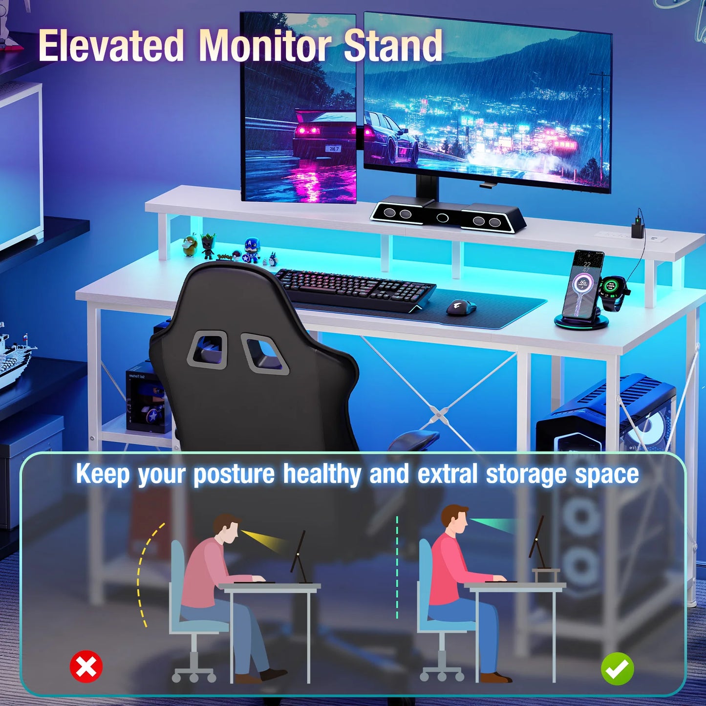 JHK 48‑Inch Computer Desk With Storage, Outlets, LED.