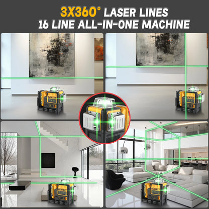 DW089LG 12V Lithium Green Laser Level - 3 Sided 360° Vertical & Horizontal, 12 Line, Ideal for Indoor/Outdoor Projects