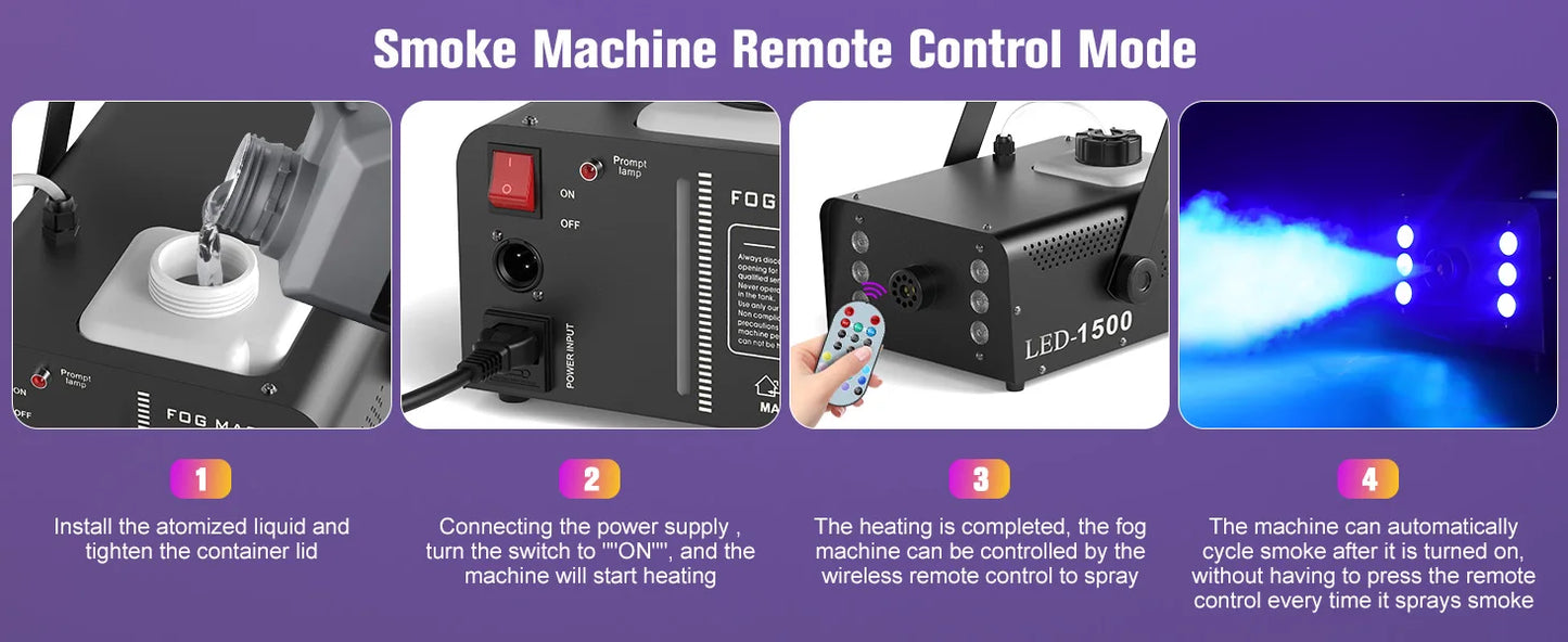 1500W Smoke Machine RGB 6 LED Fog Machine with Remote Control for DJ Disco Party Christmas Stage Effect Fogger Machine