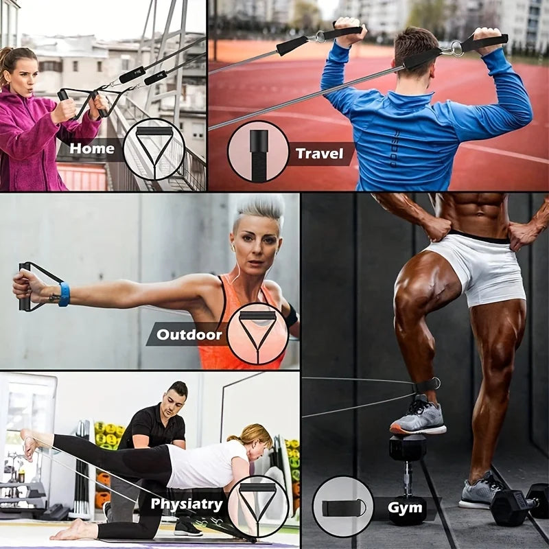 Resistance bands set: door anchor, handles, ankle straps.