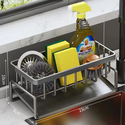 Compact Carbon Steel Sink Organizer With Tilted Drain Tray.