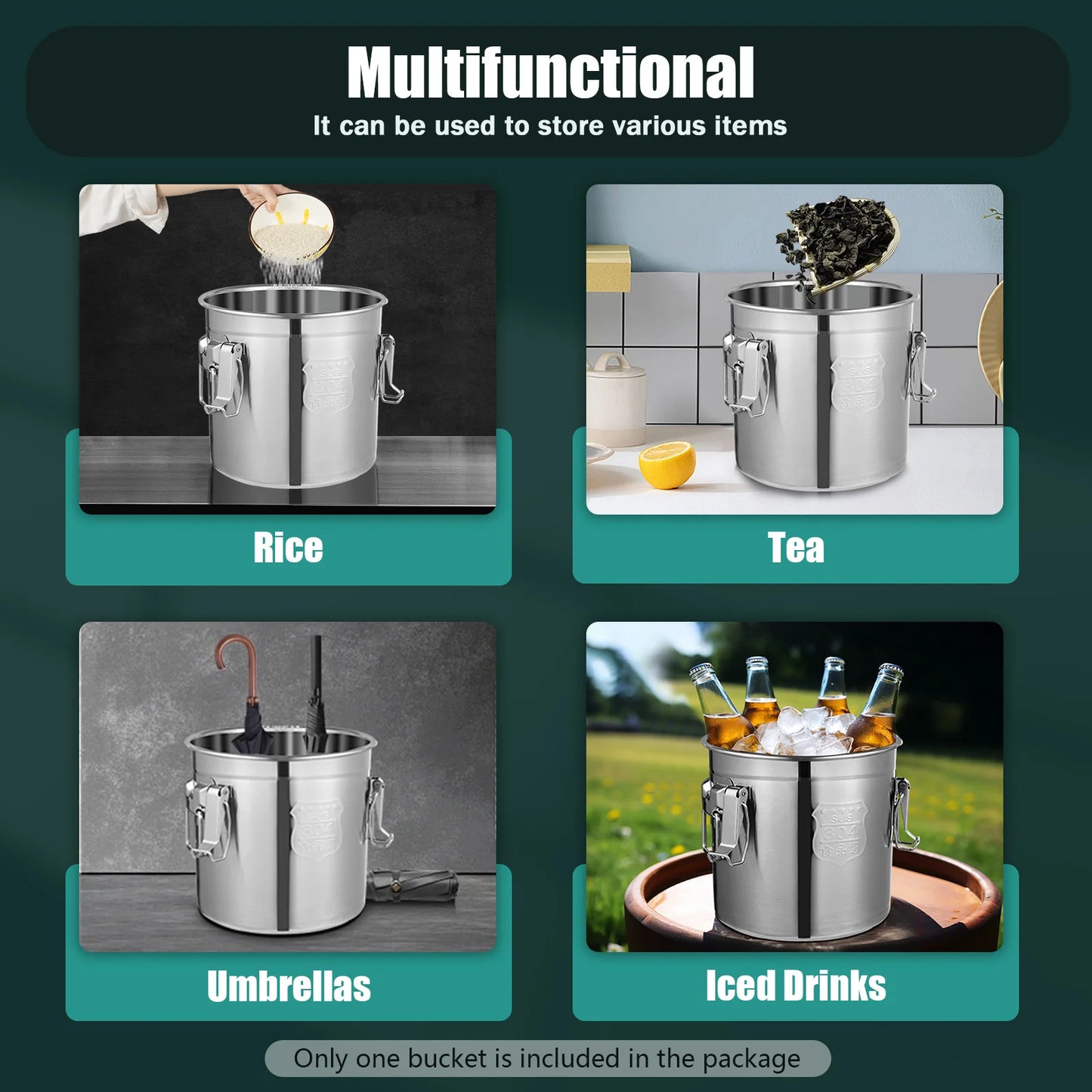 21/33L Stainless Steel Storage Bucket With Lids and 3 Sturdy Locking Clamp Storing Various Dry/Wet Items