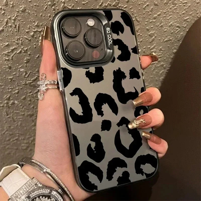 Leopard Print Electroplate Silver IMD Phone Case For iPhone 16 15 14 13 12 11 Pro Max 15 Plus Matte Shockproof Back Cover