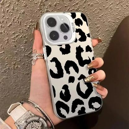 Leopard Print Electroplate Silver IMD Phone Case For iPhone 16 15 14 13 12 11 Pro Max 15 Plus Matte Shockproof Back Cover