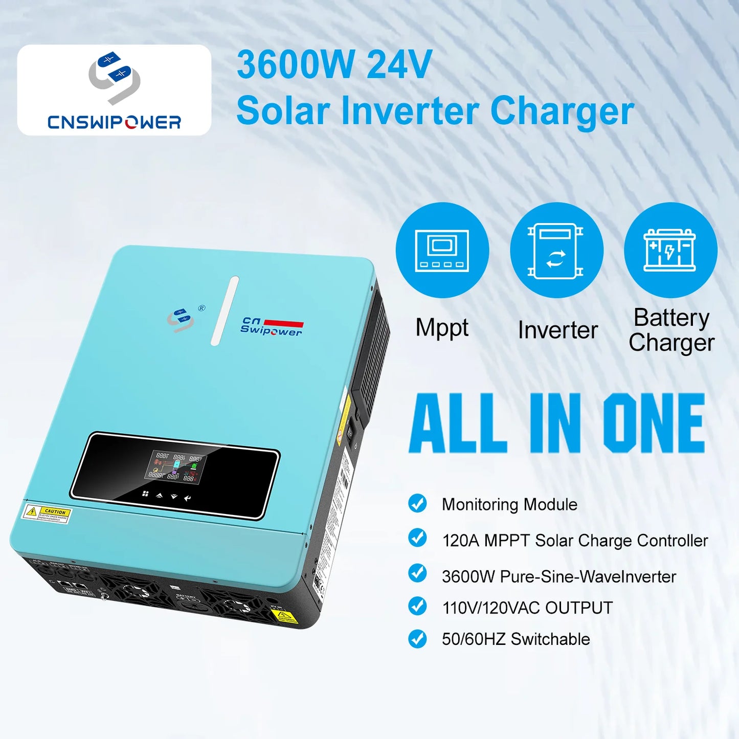 CNswipower 3600W 24VDC 120VAC Solar Inverter Charger 50HZ/60HZ Hybrid Inverter 120A MPPT LCD display