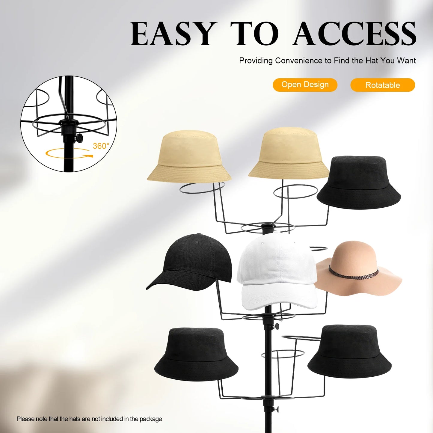 7 Tier Hat Rack Black Freestanding Hat Stand Large Capacity Holds 35 Hats Rotating Display Shelf Space Saving Floor Organizer for Hats Shop Retail Store Home Easy Access