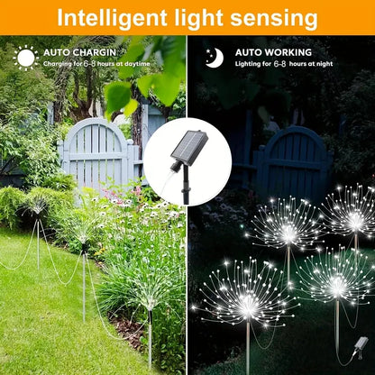 Solar LED Fireworks Lights 8 Lighting Modes Waterproof DIY Solar Outdoor Decorative Fairy String Light for Garden Lawns Wedding