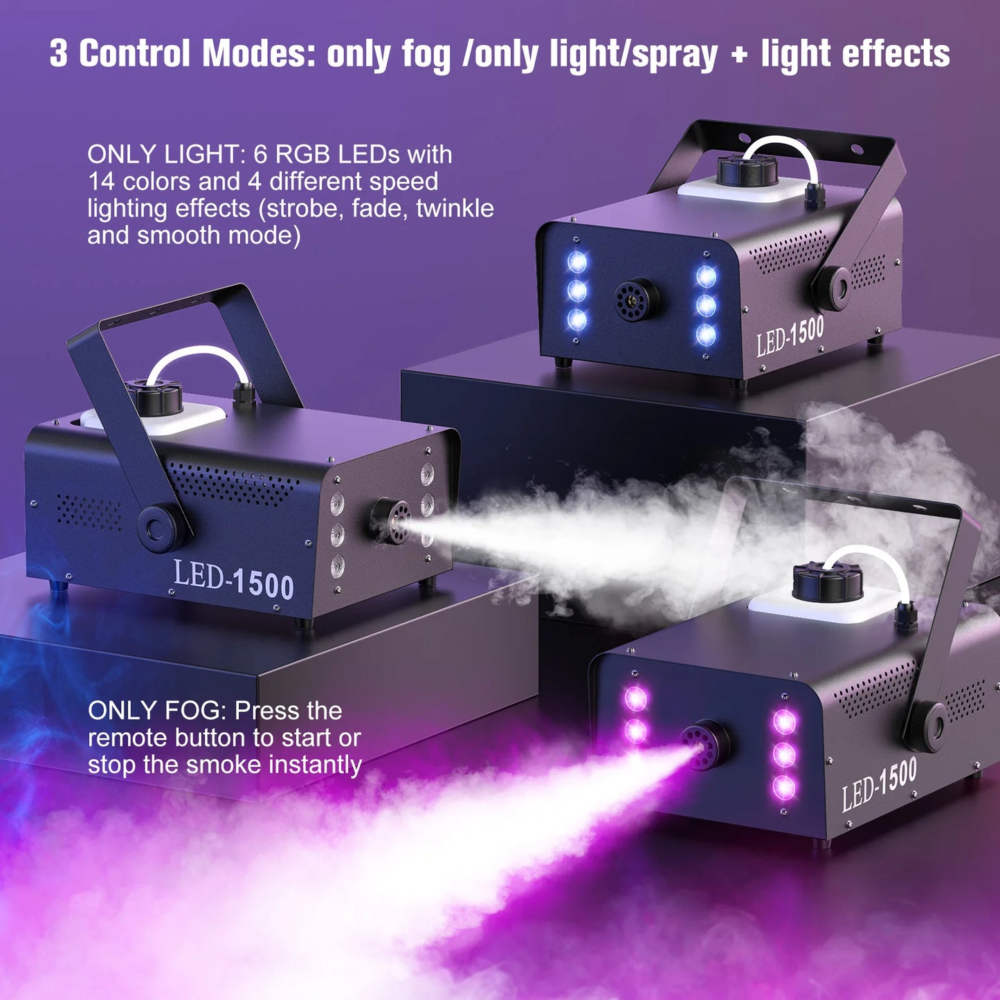 1500W Smoke Machine RGB 6 LED Fog Machine with Remote Control for DJ Disco Party Christmas Stage Effect Fogger Machine