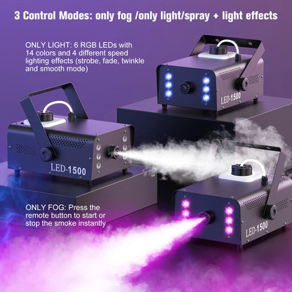 1500W Smoke Machine RGB 6 LED Fog Machine with Remote Control for DJ Disco Party Christmas Stage Effect Fogger Machine