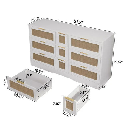Rattan Dresser With Nine Drawers.
