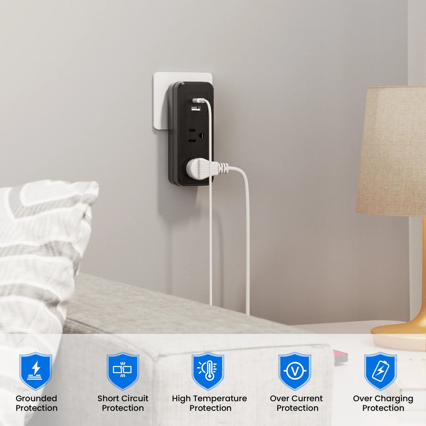 2 AC power sockets, 1 USB port, and 1 USB-C fast-charging port. This power strip features surge protection and provides overload
