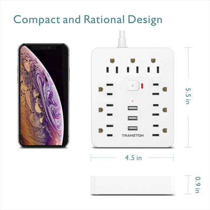 Power Outlet with Surge Protector, 9 sockets 3 USB Ports,5ft Extension Cord, Quick Charge, For Home and Office ,White