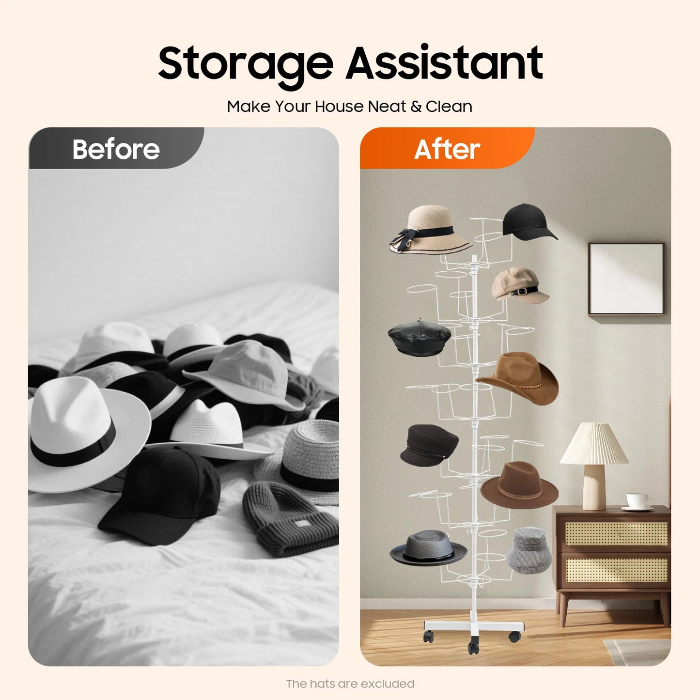 7-Tier Hats Display Rack 35 Hat Rest Adjustable Cap Organizer with Wheels Standing Metal Hat Hanger Floor Standing Display Tower