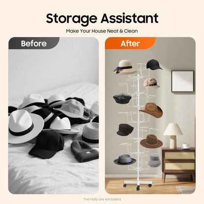 7-Tier Hats Display Rack 35 Hat Rest Adjustable Cap Organizer with Wheels Standing Metal Hat Hanger Floor Standing Display Tower