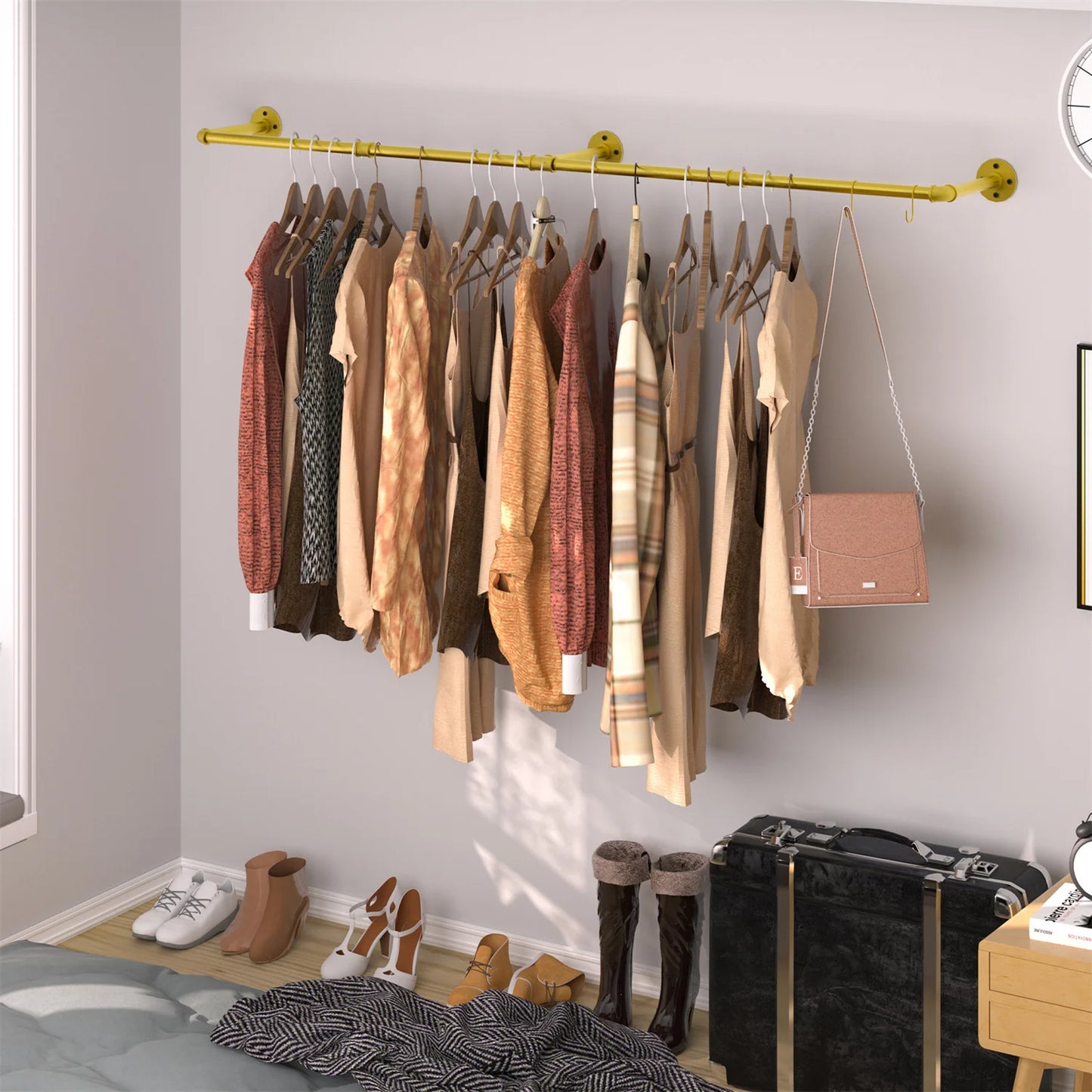 Tall Industrial Wall Mounted Clothes Rack With Hooks Shelf.