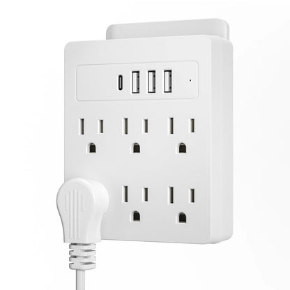 6 AC power strip, 3 USB ports, 1 USB-C fast charging port. The power strip surge protector provides overload protection for home