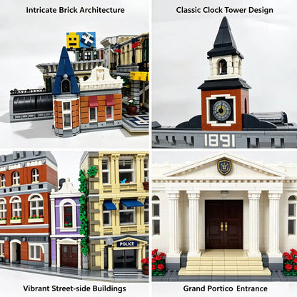 City House Street View Building Blocks Classic Architecture Collection Set Grand Emporium Police Station Town Hall Model Complete Square Scene Assembly Bricks Decorative Display Toy Ideal Holiday Birthday Gift For Collectors