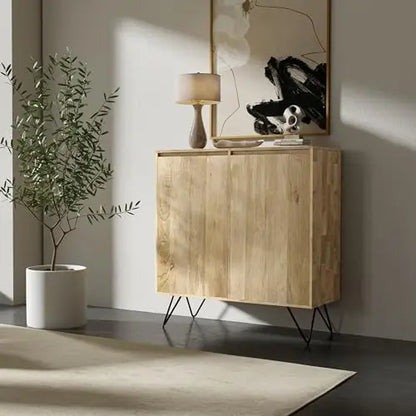 Natural Finish Mango Wood Cabinet With Black Hairpin Legs, 39 Inch Wide Industrial Style Storage Unit For Living Room