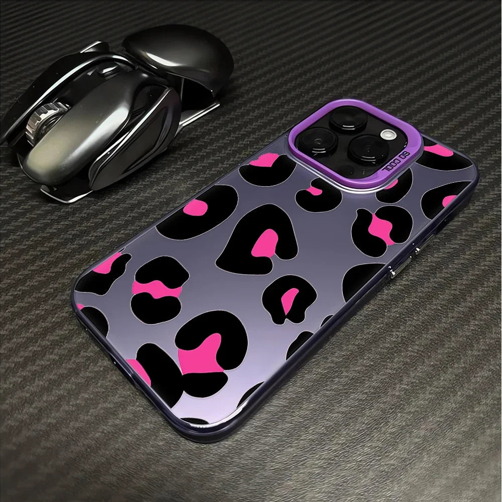 Leopard Print Electroplate Silver IMD Phone Case For iPhone 16 15 14 13 12 11 Pro Max 15 Plus Matte Shockproof Back Cover