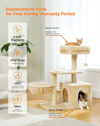 Cat tree Cat Tower for Indoor Cats 2 Styles Cat Activity Tree with Cat Scratching Posts Big Hammock and Removable Top Perch Grey