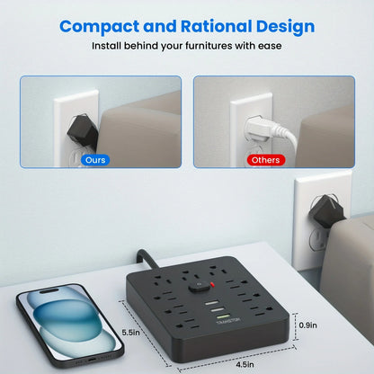 Power Outlet with Surge Protector, 9 power strip   3 USB Ports, 10ft Extension Cord, Quick Charge, For Home and Office