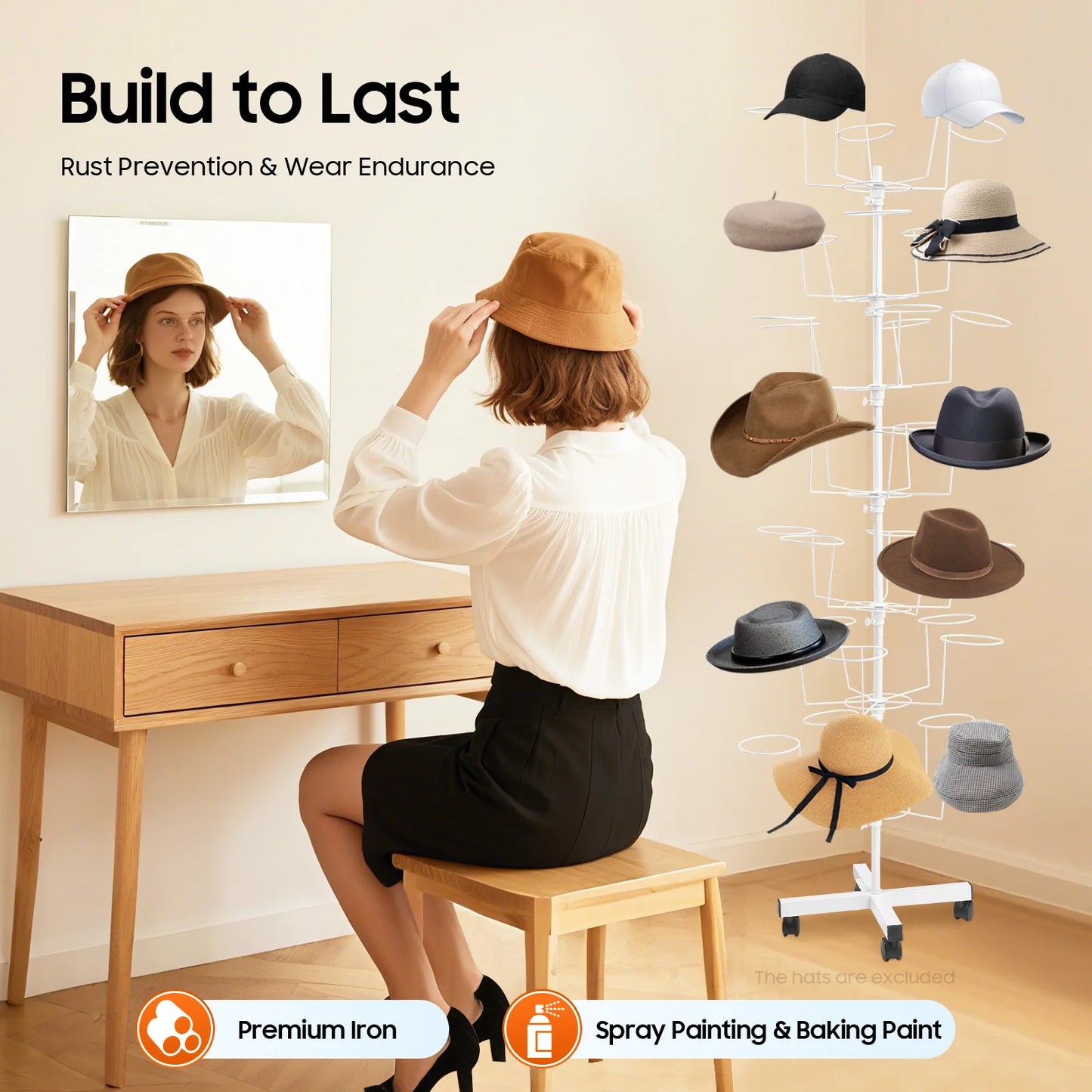7-Tier Hats Display Rack 35 Hat Rest Adjustable Cap Organizer with Wheels Standing Metal Hat Hanger Floor Standing Display Tower