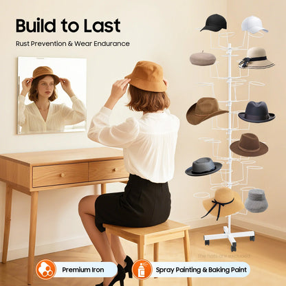 7-Tier Hats Display Rack 35 Hat Rest Adjustable Cap Organizer with Wheels Standing Metal Hat Hanger Floor Standing Display Tower