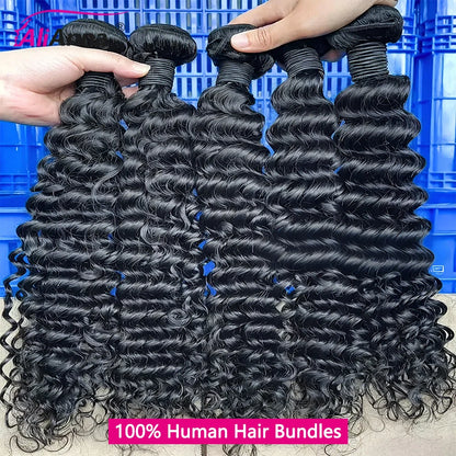 Deep Wave Human Hair Bundles And Weaves 22 24 26 Inch Burmese Curly Hair Bundles With Closure Human Hair 100% Raw Hair Bundles Deals And 4x4 Lace Closure Transparent HD Swiss Lace Preplucked With Baby Hair Brazilian Hair Exte