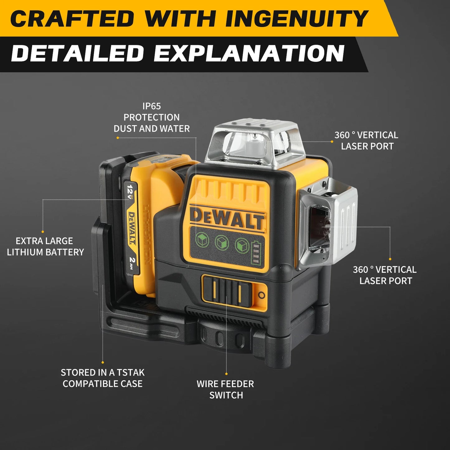 DW089LG 12V Lithium Green Laser Level - 3 Sided 360° Vertical & Horizontal, 12 Line, Ideal for Indoor/Outdoor Projects