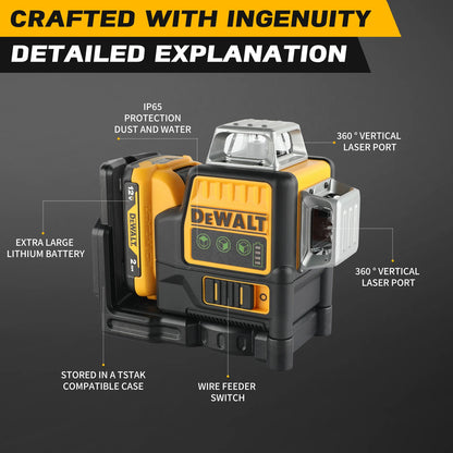 DW089LG 12V Lithium Green Laser Level - 3 Sided 360° Vertical & Horizontal, 12 Line, Ideal for Indoor/Outdoor Projects
