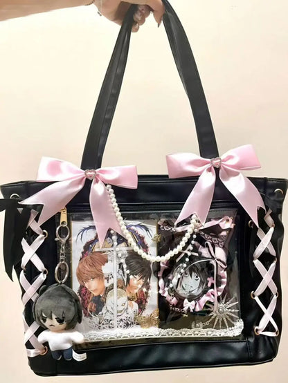 New Japanese Sweet Girl Ulzzang Ita Bag Ribbon Cute Handbag for Women Large Capacity Transparent DIY Badge One-shoulder Tote Bag