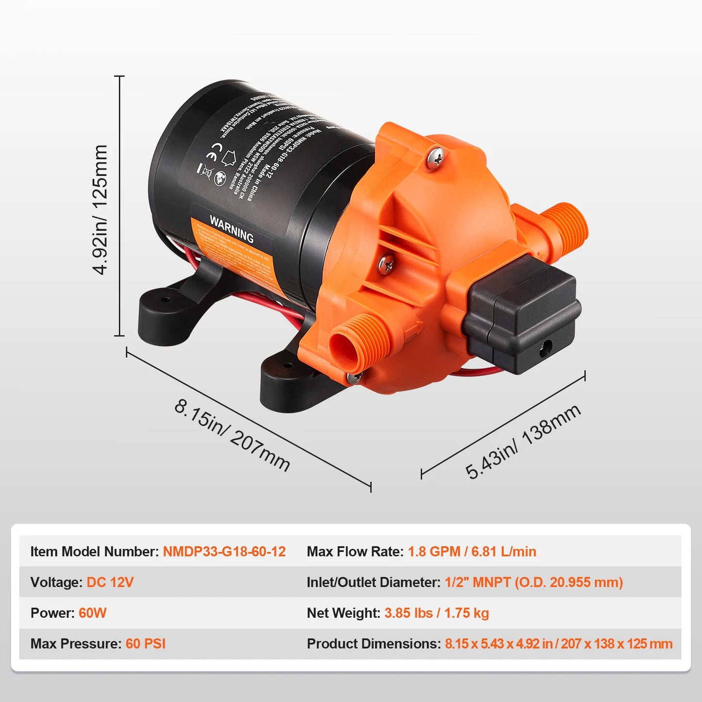 12V Diaphragm Pump 1.8/3/3.5/5 GPM 3/4/5-Chamber 40-100 PSI Adjustable 1/2'' MNPT Port for RV Yacht Food Truck Camper