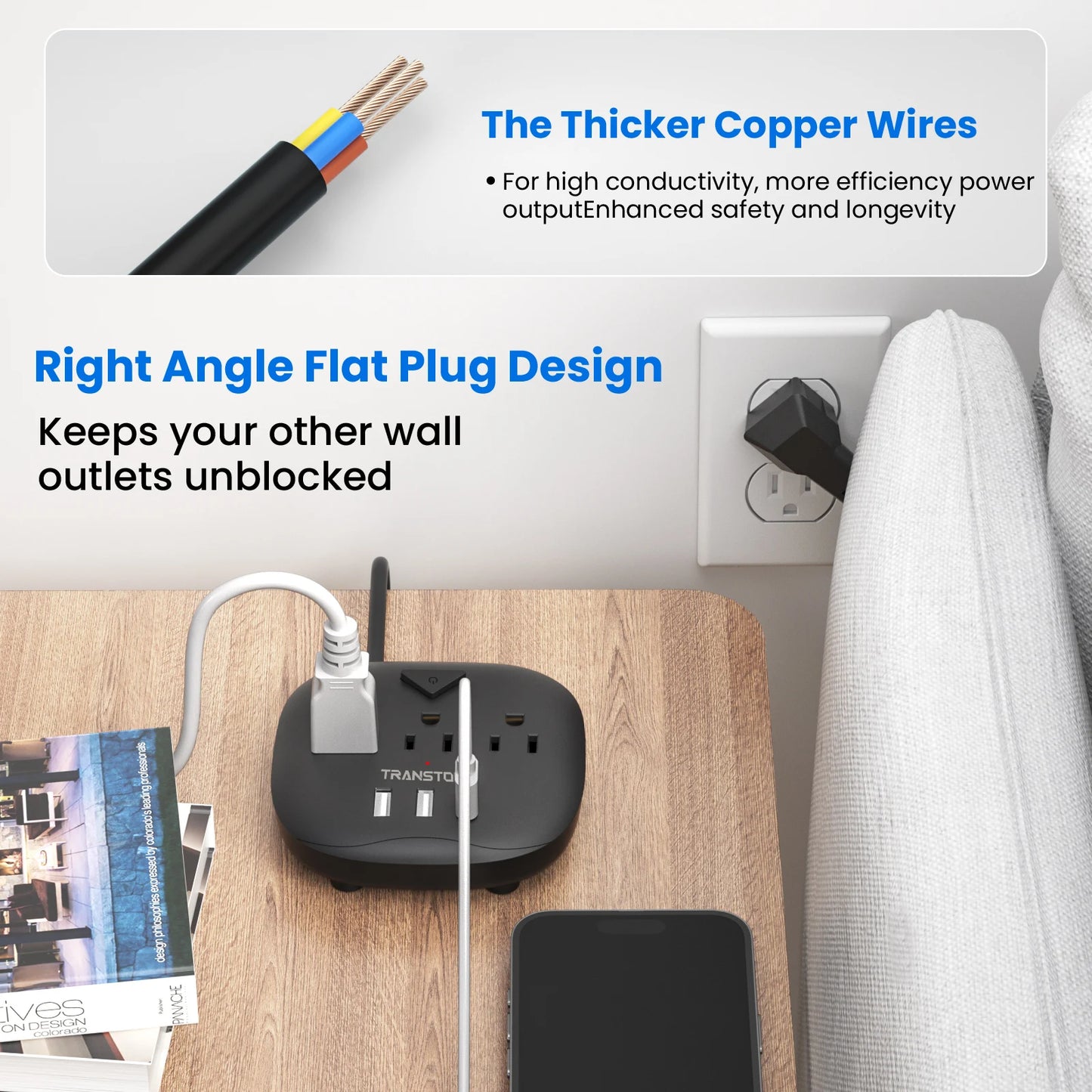 Power strip with switch, 3  power strip   , 3 USB Ports, 10ft Extension Cord, Quick Charge, Fire Resistant, For Home