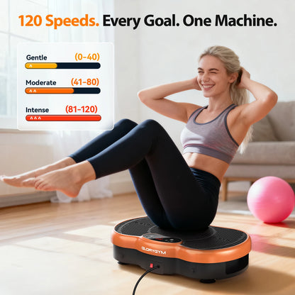 Bluetooth vibration plate; calorie-tracking, 120-level whole-body workout.