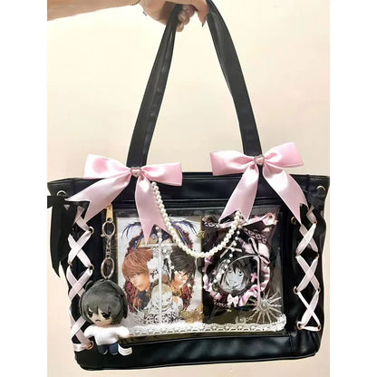 New Japanese Sweet Girl Ulzzang Ita Bag Ribbon Cute Handbag for Women Large Capacity Transparent DIY Badge One-shoulder Tote Bag