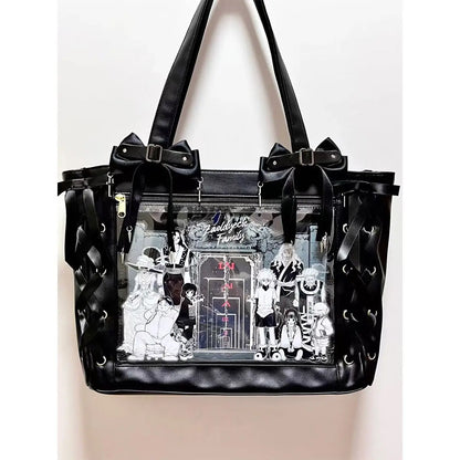 New Japanese Sweet Girl Ulzzang Ita Bag Ribbon Cute Handbag for Women Large Capacity Transparent DIY Badge One-shoulder Tote Bag