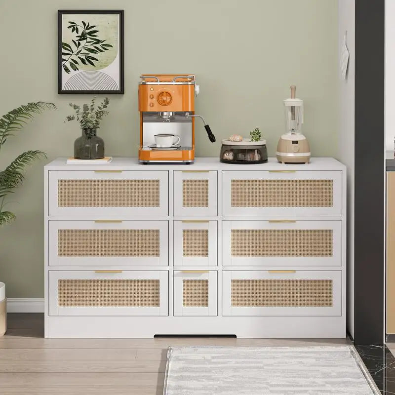 Rattan Dresser With Nine Drawers.