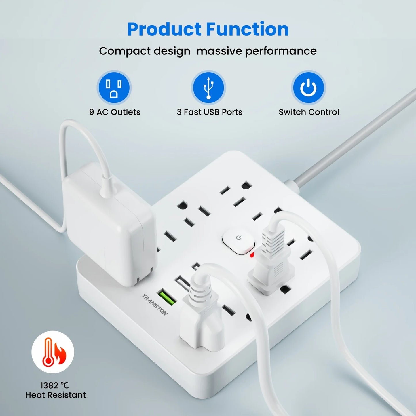 Power strip with Surge Protector, 9 power strip   3 USB Ports,5ft Extension Cord, Quick Charge, For Home and Off
