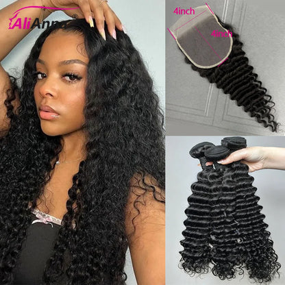 Deep Wave Human Hair Bundles And Weaves 22 24 26 Inch Burmese Curly Hair Bundles With Closure Human Hair 100% Raw Hair Bundles Deals And 4x4 Lace Closure Transparent HD Swiss Lace Preplucked With Baby Hair Brazilian Hair Exte