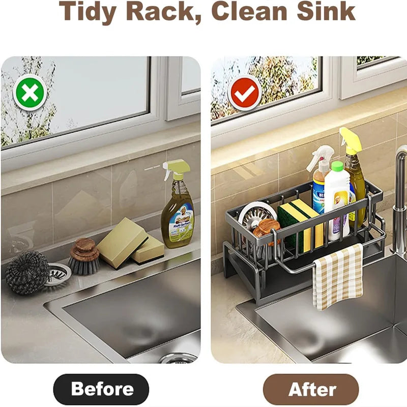 Compact Carbon Steel Sink Organizer With Tilted Drain Tray.