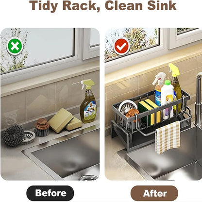 Compact Carbon Steel Sink Organizer With Tilted Drain Tray.