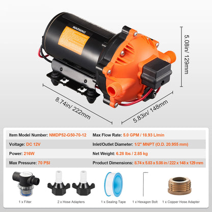 12V Diaphragm Pump 1.8/3/3.5/5 GPM 3/4/5-Chamber 40-100 PSI Adjustable 1/2'' MNPT Port for RV Yacht Food Truck Camper