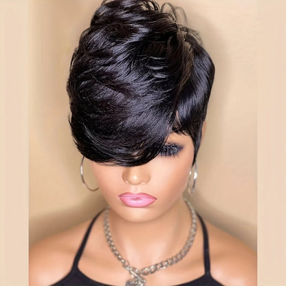 Short Pixie Cut Wig Human Hair Wig for Women Wig with Bangs Layered Wavy Full Machine Made Wig