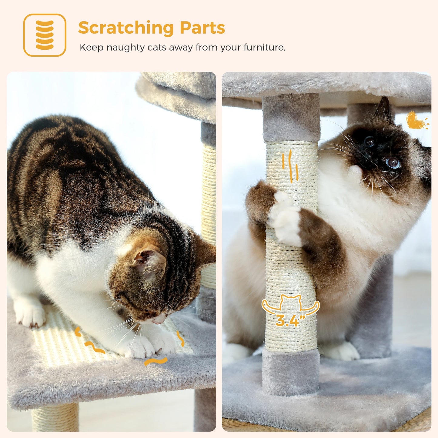 Cat tree Cat Tower for Indoor Cats 2 Styles Cat Activity Tree with Cat Scratching Posts Big Hammock and Removable Top Perch Grey