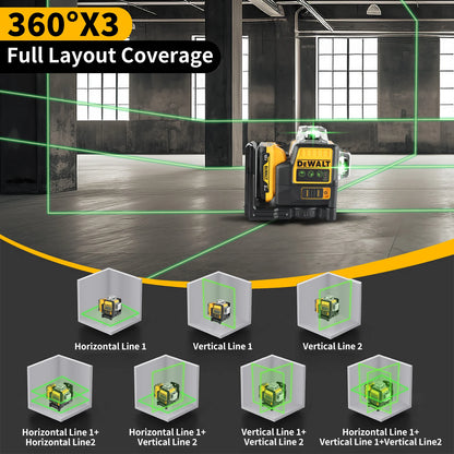 DW089LG 12V Lithium Green Laser Level - 3 Sided 360° Vertical & Horizontal, 12 Line, Ideal for Indoor/Outdoor Projects